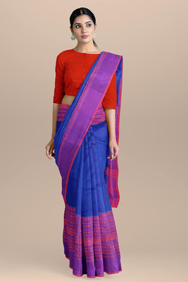 SSK Striped, Checkered, Temple Border Bollywood Handloom Pure Cotton Saree(White)