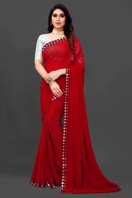 SATINTHRID Self Design, Solid/Plain Bollywood Georgette Saree(Red)