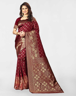 Samah Woven, Embellished Kanjivaram Silk Blend, Jacquard Saree(Maroon)
