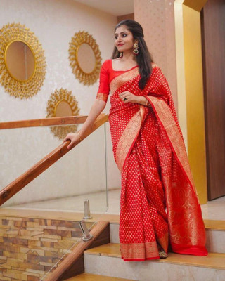 pavanputra fab Self Design Banarasi Jacquard Saree(Red)
