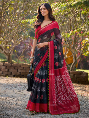 ANOUK Printed Hand Batik Cotton Blend Saree(Black)