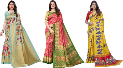 Nirvaan Printed Kalamkari Art Silk Saree(Pack of 3, Light Green, Pink, Yellow)