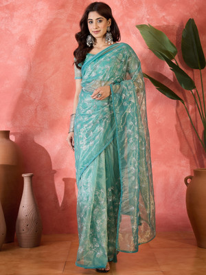 ShopGlobal Embroidered Banarasi Net Saree(Green)