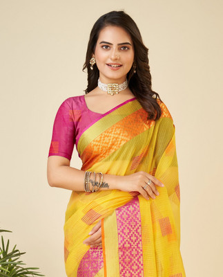 SICHYAH Woven Kota Doria Cotton Silk Saree(Yellow)
