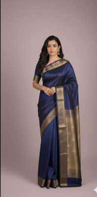 srirohinisilks Solid/Plain, Woven, Temple Border, Embellished Kanjivaram Art Silk Saree(Blue)