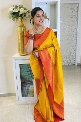 kriyafashion Printed Bollywood Silk Blend Saree(Yellow, Red)