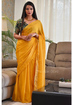 Rudra Fab Solid/Plain Handloom Chiffon Saree(Yellow)