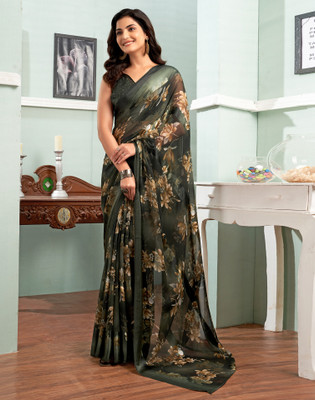 Divastri Floral Print Bollywood Georgette Saree(Dark Green, Multicolor)