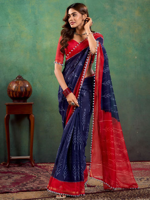 ANOUK Printed Daily Wear Cotton Blend Saree(Dark Blue)