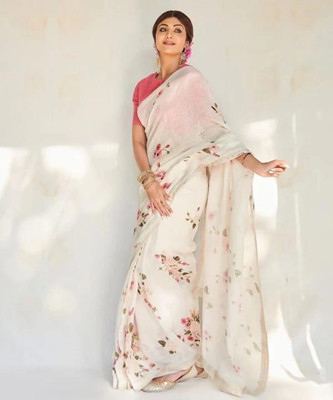 KHANUDI Printed Banarasi Cotton Linen Saree(Multicolor)