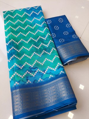 KNKABHA Printed Chanderi Silk Blend Saree(Blue)