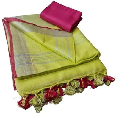 HAIDER ALI AND SONS Solid/Plain Handloom Cotton Linen Saree(Light Green)