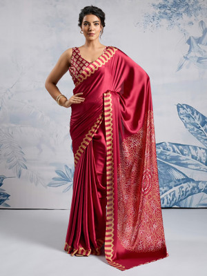 Tasrika Printed Hand Batik Satin Saree(Maroon)