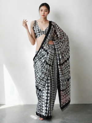 Pandadi Saree Printed Bollywood Silk Blend Saree(White, Black)