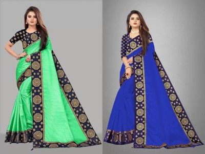 ONTIC LIFESTYLE Self Design Assam Silk Art Silk Saree(Pack of 2, Green, Blue)