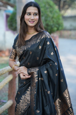 ROOP LAVANYA Woven, Self Design Kanjivaram Cotton Silk, Pure Silk Saree(Black)