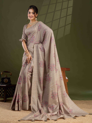 Pbs Prints Digital Print Banarasi Tussar Silk Saree(Beige)
