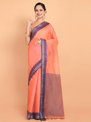 M.S.RETAIL Solid/Plain, Woven Handloom Cotton Linen Saree(Orange)