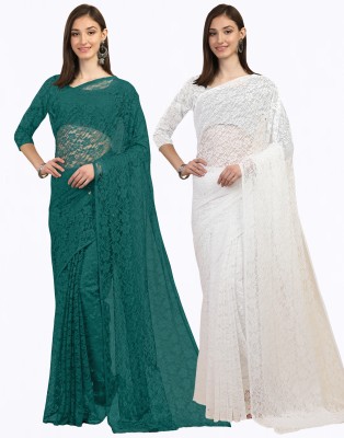 Sarvada Embellished, Embroidered, Floral Print Bollywood Net, Brasso Saree(Pack of 2, Green, White)