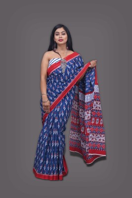 tanishaka fab Printed Bollywood Pure Cotton Saree(Dark Blue, Red)