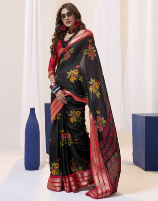 Samah Floral Print Bollywood Georgette Saree(Black, Red)