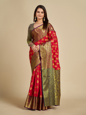 AAMONASTHA Woven, Temple Border, Self Design Banarasi Pure Silk, Silk Blend Saree(Red)