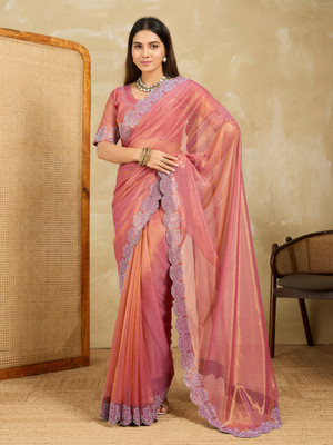 SARETRA MALL Solid/Plain, Floral Print Bollywood Organza, Tissue Saree(Pink)