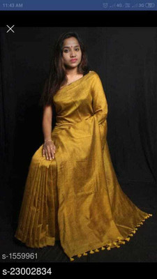BRYNBRIT Solid/Plain Bollywood Cotton Blend Saree(Yellow)