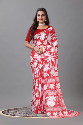 Virendra Textiles Digital Print Handloom Cotton Silk Saree(Red)