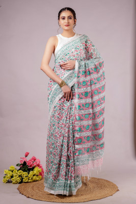 RP CREATION Printed Handloom Cotton Linen Saree(Multicolor)