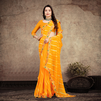 LAKHADATARI PRINTS Printed Leheria Georgette Saree(Yellow)