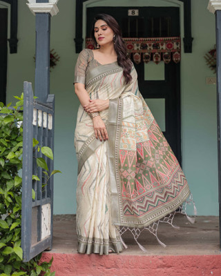 HITESH ENTERPRISE Digital Print Banarasi Cotton Linen Saree(Beige)