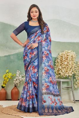 DHARMRAJ ENTERPRISE Digital Print Assam Silk Cotton Linen Saree(White)