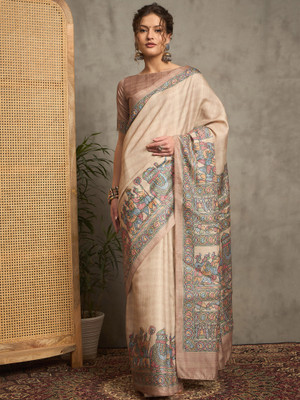ANOUK Printed Daily Wear Silk Blend Saree(Beige)