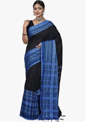 Krishneshwari Striped Handloom Pure Cotton Saree(Light Blue, Black)