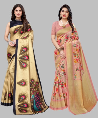 Priyashi Printed, Self Design, Solid/Plain Bollywood Cotton Silk Saree(Pack of 2, Multicolor)