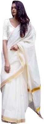 Gugaliya Solid/Plain Kasavu Pure Cotton Saree(Cream)