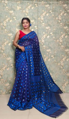 Sudipa Woven Jamdani Cotton Silk Saree(Dark Blue)