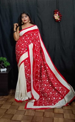 LDma Printed Jamdani Cotton Silk Saree(White, Red)