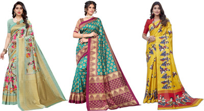 YASHIKA Printed, Woven Mysore Art Silk Saree(Pack of 3, Light Green, Blue, Yellow)