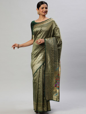 Sareemall Woven Kanjivaram Silk Blend Saree(Green)