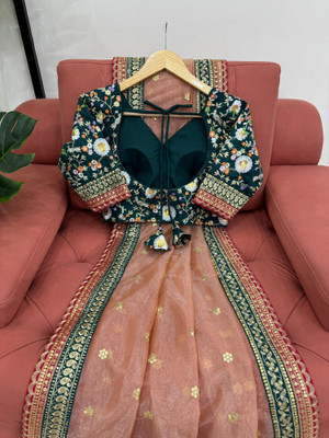 Aika Embroidered Bollywood Net Saree(Green, Orange)