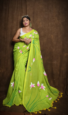 BBSaree Hand Painted Bollywood Cotton Blend Saree(Green)