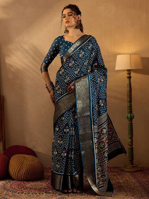Anouk Rustic Printed Chinnalapattu Silk Blend Saree(Blue)