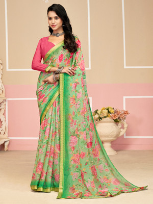 PANZORA Floral Print Daily Wear Chiffon Saree(Green)