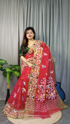 Lakshmi Boutique Animal Print Jamdani Cotton Silk Saree(Multicolor)