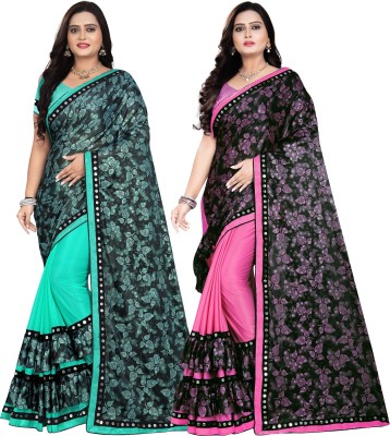 DECOFIN Embellished, Floral Print Bollywood Lycra Blend Saree(Pack of 2, Light Blue, Pink)