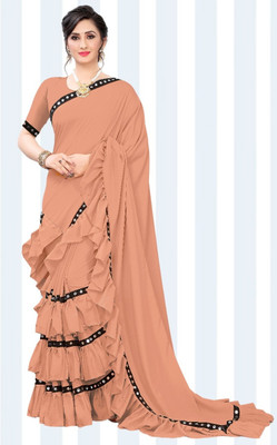 mahibhag Solid/Plain, Embroidered Bollywood Lycra Blend Saree(Cream)