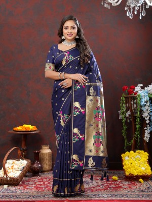 YUG ART Woven Paithani Silk Blend Saree(Blue)