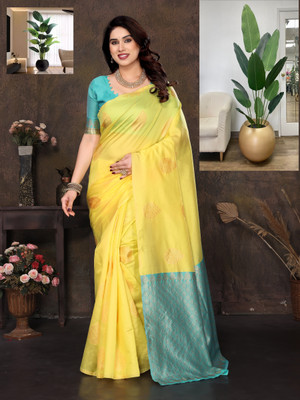 JEEMONJA Printed Kanjivaram Pure Silk, Art Silk Saree(Yellow)